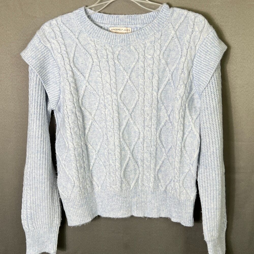 Sincerely Jules sweater light blue crewneck cable knit ruffle shoulder Small